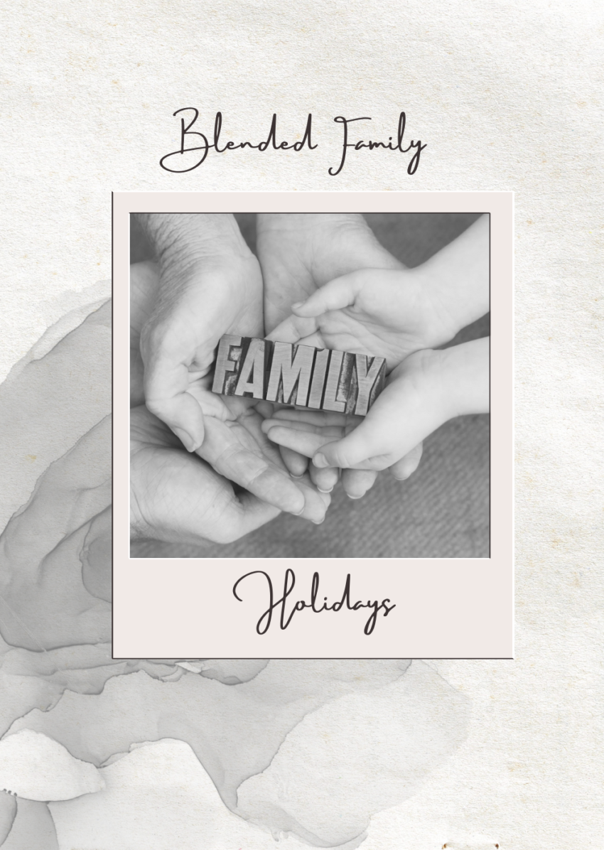 Black and white photograph with hands holding a block that says family