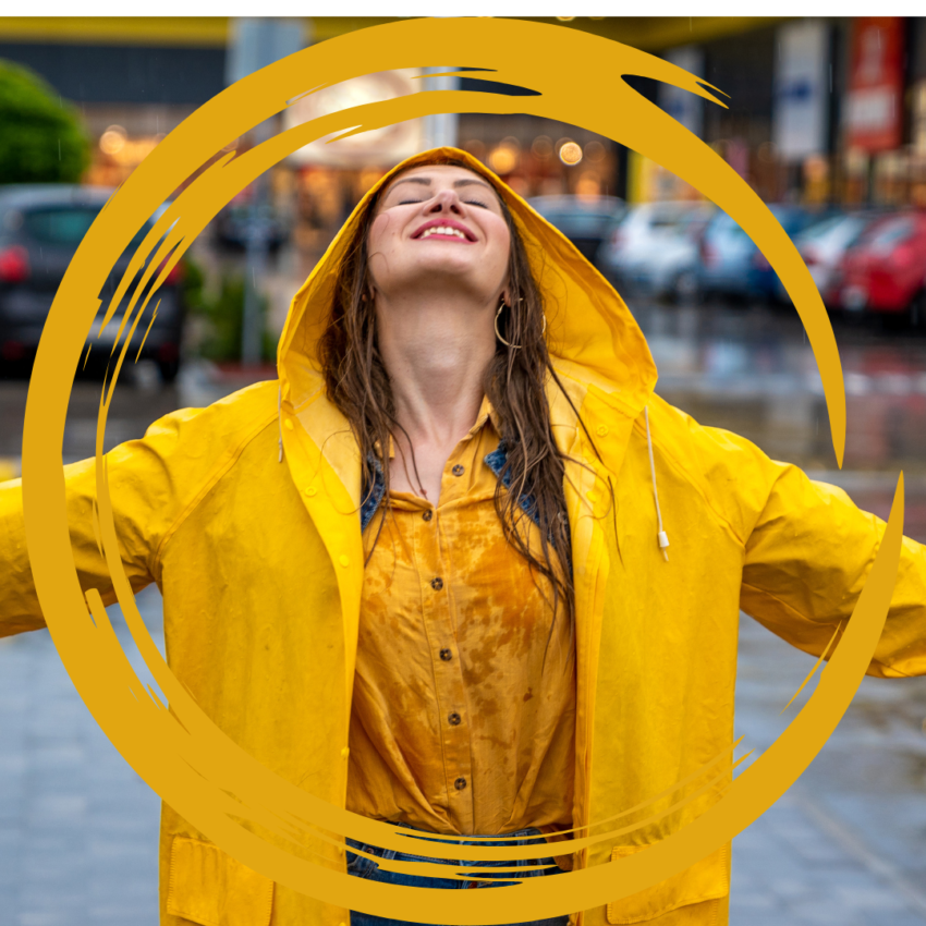happy woman in yellow rain slicker