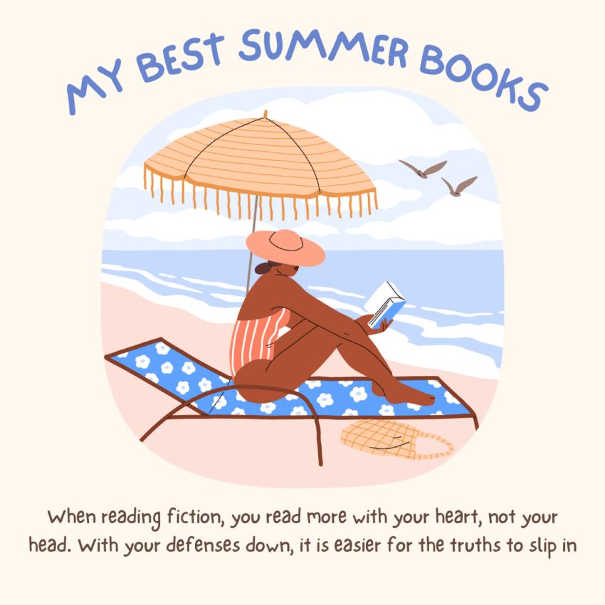 graphic of a woman reading on the beach