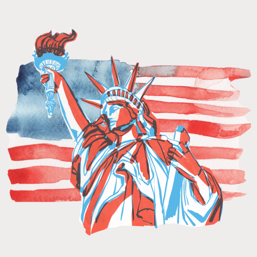 graphic of Statue of Liberty over a watercolor of the American flag