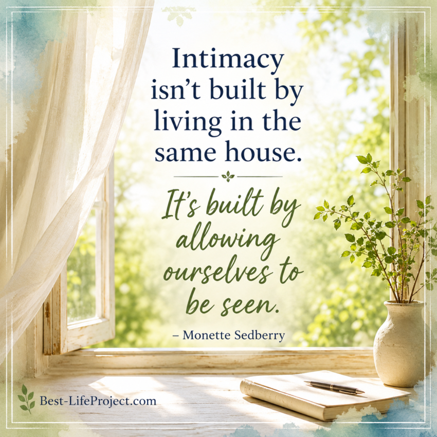 A peaceful image of an open window with sunlight streaming through sheer curtains. Over the image is a quote by Monette Sedberry: "Intimacy isn't built by living in the same house. It's built by allowing ourselves to be seen."