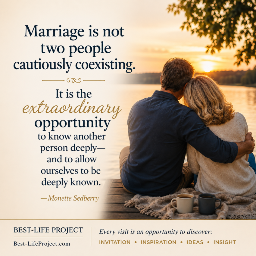 A mature couple sits close together on a dock at sunset, his arm around her as they look across the water. The graphic features a quote from Monette Sedberry about marriage as an opportunity to know another person deeply and to be deeply known. Best-Life Project branding and Best-LifeProject.com appear at the bottom.
