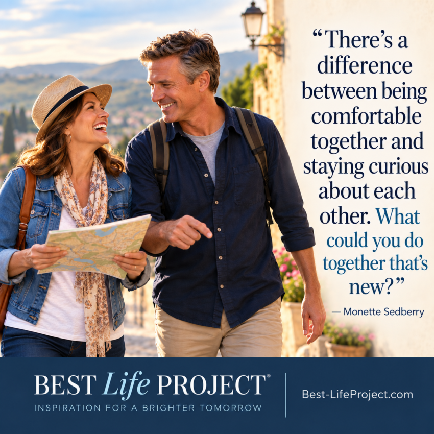 A smiling midlife couple explores a new place together, holding a map and laughing. The graphic features Monette Sedberry’s quote: “There’s a difference between being comfortable together and staying curious about each other. What could you do together that’s new?” Best-Life Project branding and Best-LifeProject.com appear below.