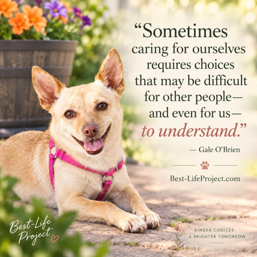 Quote graphic featuring a small tan dog in a bright pink harness lying on a sunlit patio near a flower pot. The graphic includes the quote, “Sometimes caring for ourselves requires choices that may be difficult for other people—and even for us—to understand.” — Gale O’Brien, with Best-LifeProject.com at the bottom.