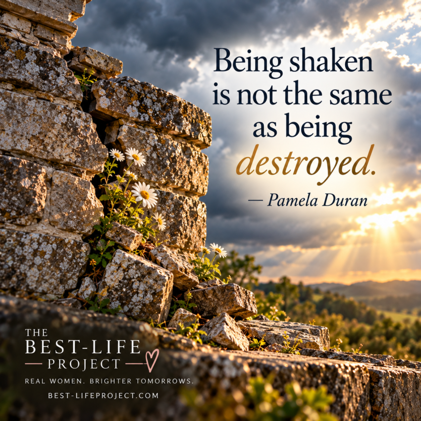 Weathered stone wall, still standing despite visible damage, with white daisies growing through the cracks as sunlight breaks through storm clouds. Quote by Pamela Duran: “Being shaken is not the same as being destroyed.”