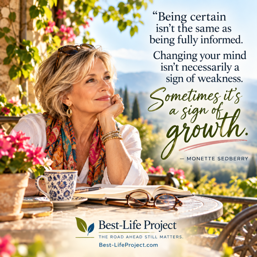 A stylish blonde woman in her 60s sits thoughtfully at a sunlit garden terrace with an open book and reading glasses. Beside her, a quote by Monette Sedberry reminds readers that changing their minds can be a sign of growth. Best-Life Project branding appears below.