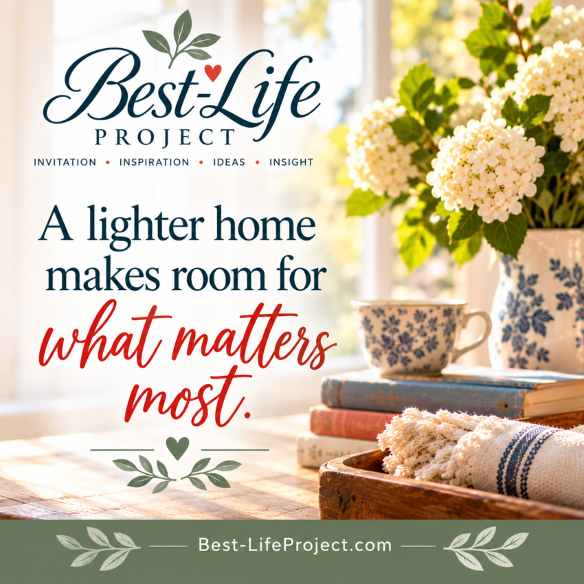 Best-Life Project graphic with the quote, “A lighter home makes room for what matters most,” beside a warm sunlit vignette of white hydrangeas, a blue-and-white teacup, books, and folded linens. Best-LifeProject.com appears at the bottom.