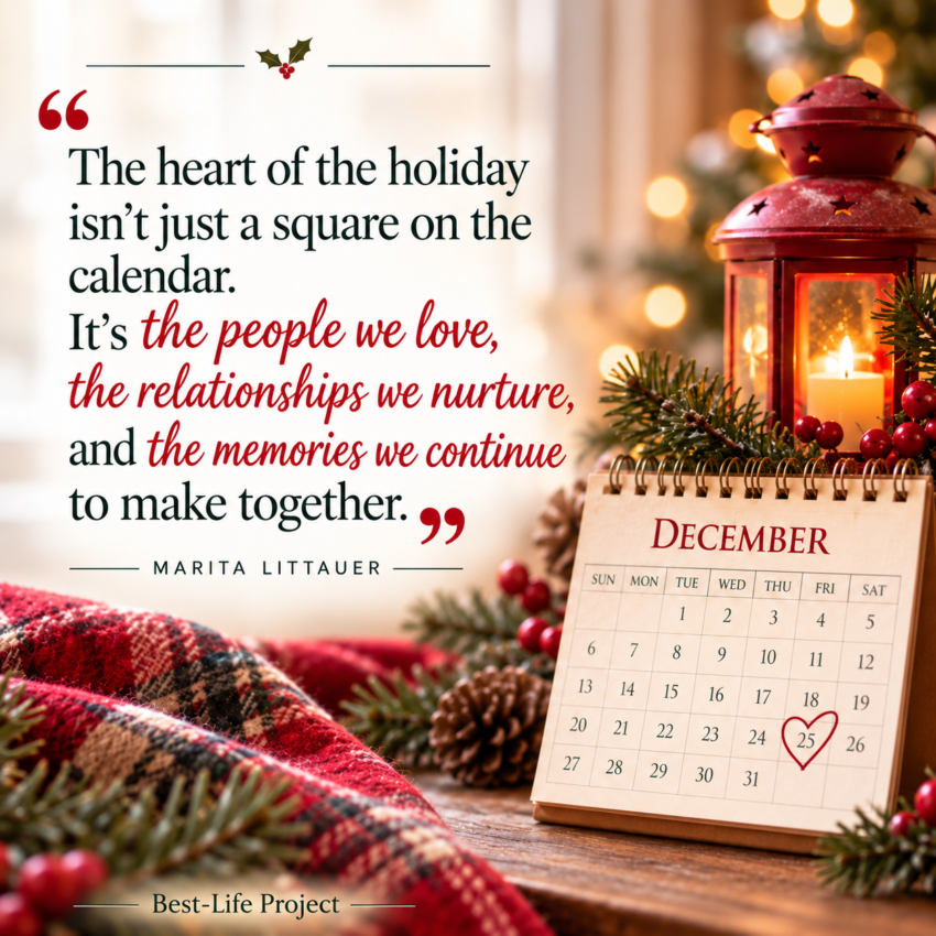 A festive Christmas graphic featuring a December calendar with December 25 circled in a red heart, a glowing red lantern, evergreen branches, and holiday decorations. A quote by Marita Littauer reminds readers that the heart of the holiday is the people we love, the relationships we nurture, and the memories we make together. Best-Life Project branding appears at the bottom.